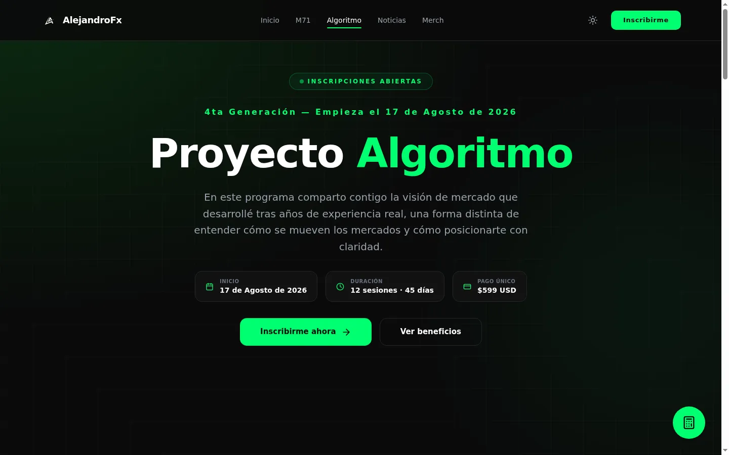 Página del Proyecto Algoritmo de AlejandroFx con fechas, duración y precio del programa.