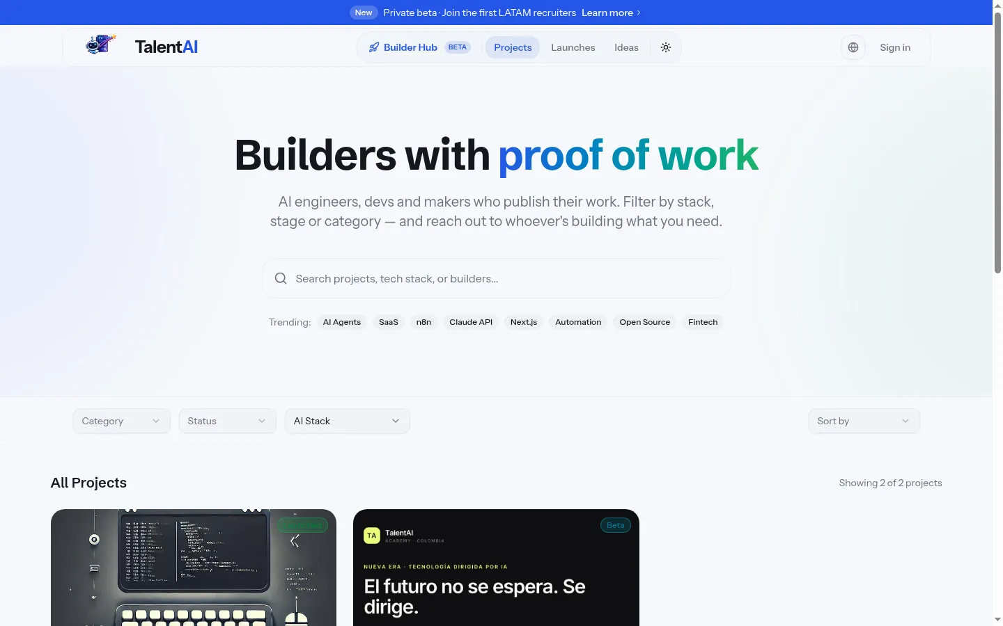 Builder Hub de TalentAI: directorio de builders LATAM filtrable por stack, categoría y estado del proyecto.