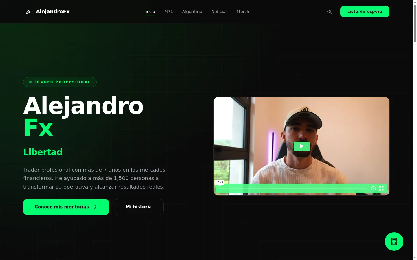 Portada de AlejandroFx con el acceso a las mentorías y la lista de espera.