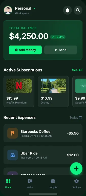 Pantalla de inicio de Simplify Expenses con el balance total, las suscripciones activas y los gastos recientes.