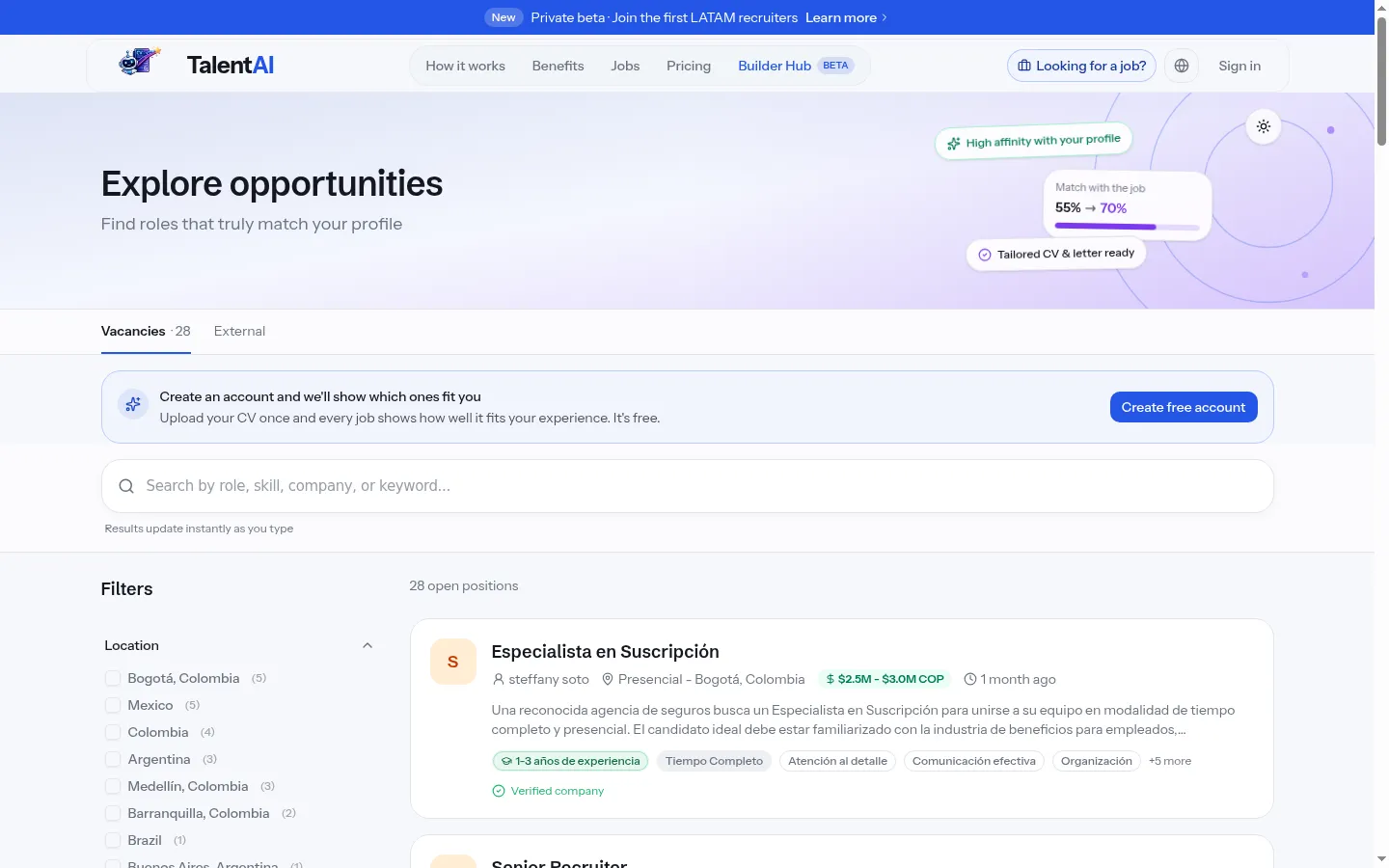 Buscador de vacantes de TalentAI con filtros por ubicación y el porcentaje de match entre el perfil y cada oferta.